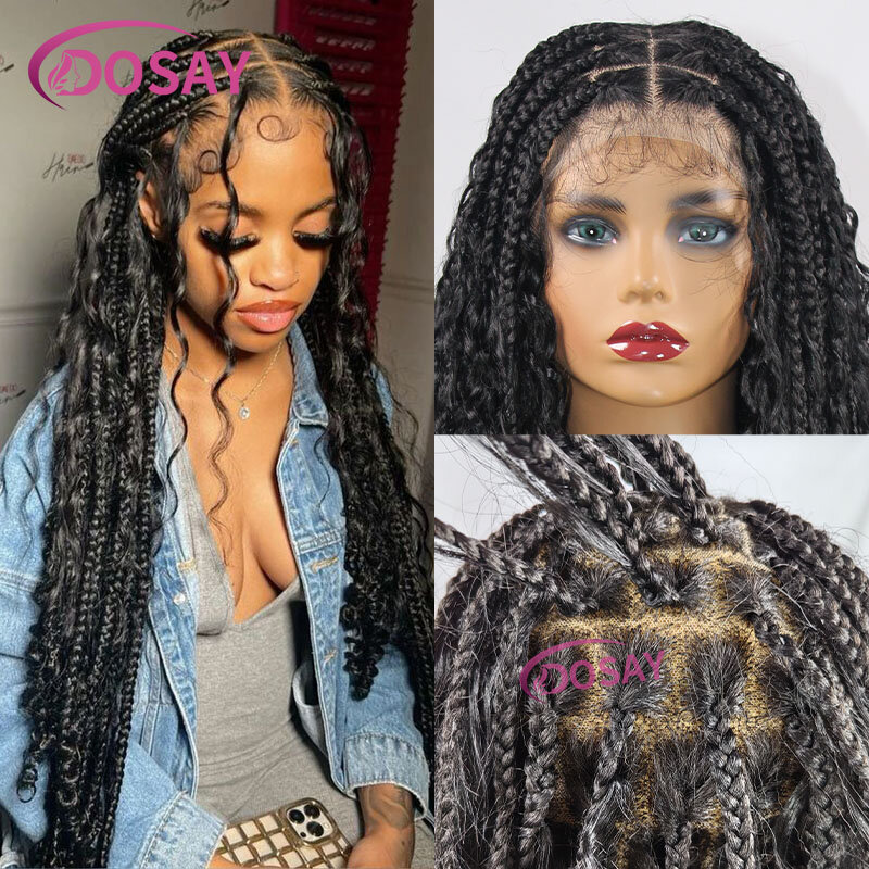 32" Synthetic Boho Braided Wigs Full Lace Front Wigs Bohemian Braided Wigs Blonde Goddess Locs Wigs With Curly Hair Pre Plucked