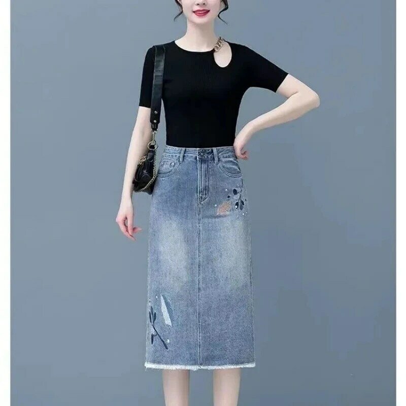 Embroidery Denim Skirts For Women Summer New High Waist Fashion Thin Jean A-Line Skirt Diamond Casual Slim Midi Skirts 2024 New