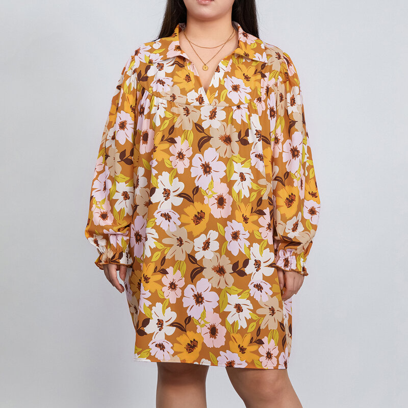 Women's Summer Shirt Dress Flower Print Long Bubble Sleeve V-Neck Loose Babydoll Dress