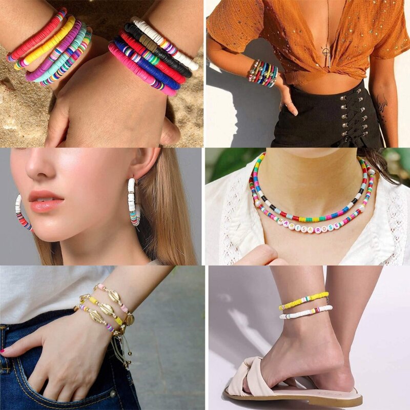 Ton-Abstandsperlen, Armbänder, Halskette, Ohrringe, DIY-Bastelset, Biegeringe, Packung mit Armbändern, 6 mm, mehrfarbige Perlen
