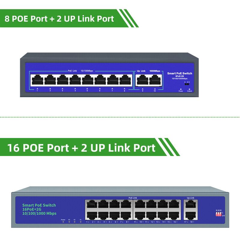Conmutador POE de red de 8 puertos 52V con camara videovigilancia IP inalámbrica AP de 10/1000 Mbps IEEE 802.3 af / at Over Ethernet Sistema de seguridad