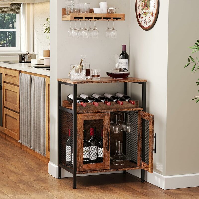 Vintage Color Wine Cooler Wine Cooler With Glass Shelves Removable Wine Rack Coffee Bar Small Sideboard Storage With Mesh Doors