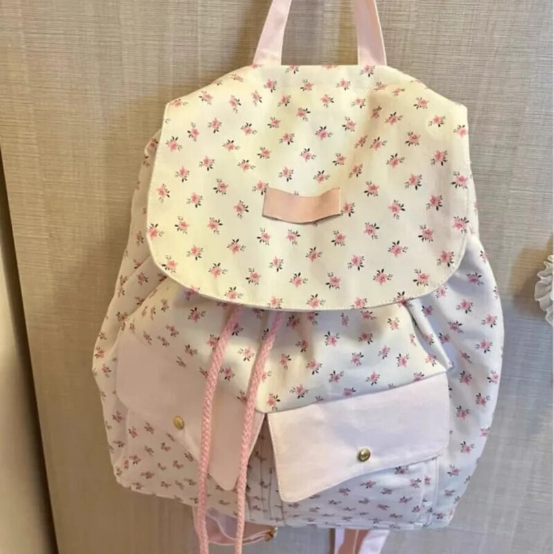 Tas punggung wanita motif bunga, tas ransel kapasitas besar, lucu, sederhana, kanvas, tas sekolah, tas tangan belanja, mode, baru, Chic, 2024