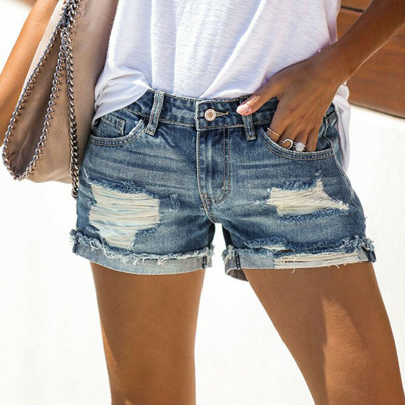 Damen Shorts Sommer Mode Breaking Hole Slim Fit Denim Shorts gewaschen Vintage vielseitige Casual Denim Shorts mit Taschen