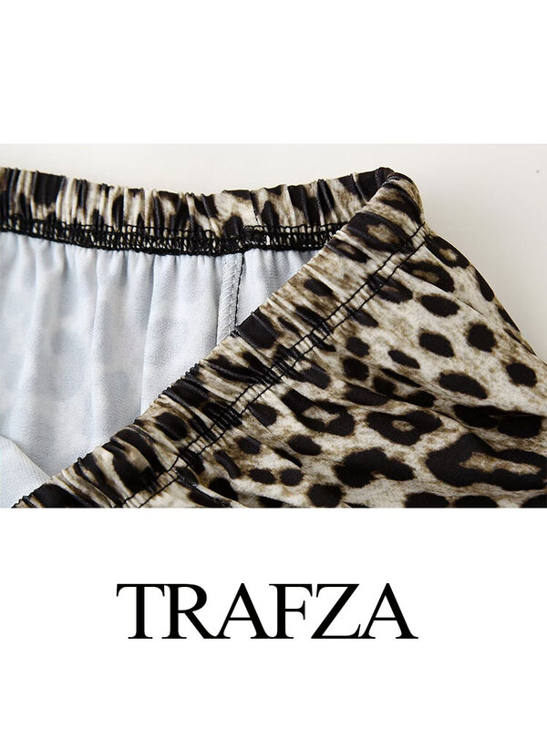 TRAFZA-Calça de perna larga feminina, com renda, calça de cintura alta, solta, trajeto longo, estampa de leopardo, fino, casual, elegante, chique