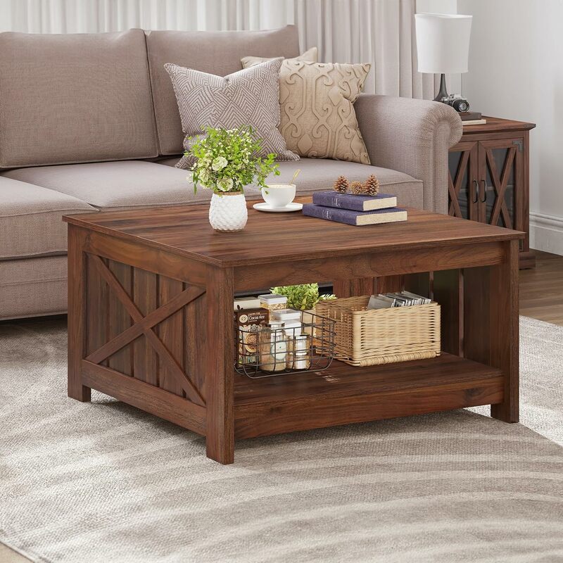 YITAHOME-Mesa de café com armazenamento, mesa de madeira rústica, mesa quadrada para sala de estar e reunião