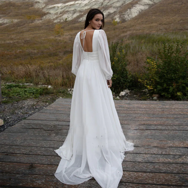 Flavinke-فساتين زفاف بسيطة بأكمام نفخة ، خط طويل ، فستان عروس شاطئ بدون ظهر ، ثوب عروس من الشيفون سهرة