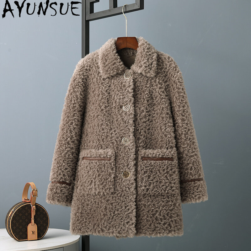 AYUNSUE-양모 모피 코트 및 재킷 여성용, 한국 패션, 두꺼운, 따뜻한, 겨울