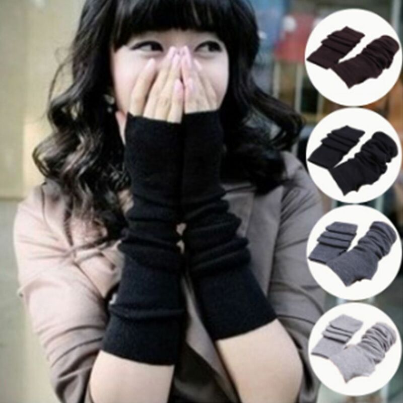 Sarung tangan rajut wanita, sarung tangan trendi musim dingin uniseks tanpa jari lengan panjang