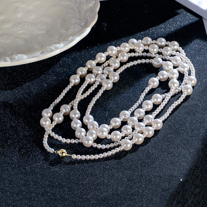 1.6m długości kobiety naszyjniki z pereł z srebrna klamra, pedate muszle wykonane perły okrągłe koraliki łańcuszek, różne sposoby noszenia biżuterii