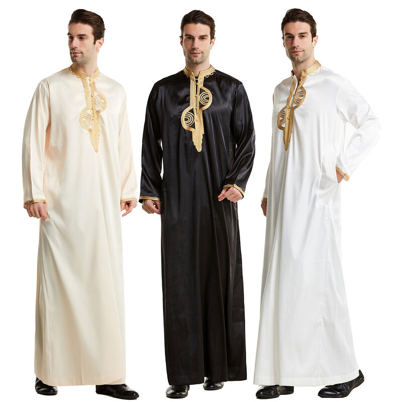 Abaya pria Muslim jubah bordir Timur Tengah dengan kerah berdiri pakaian Arab pria Muslim