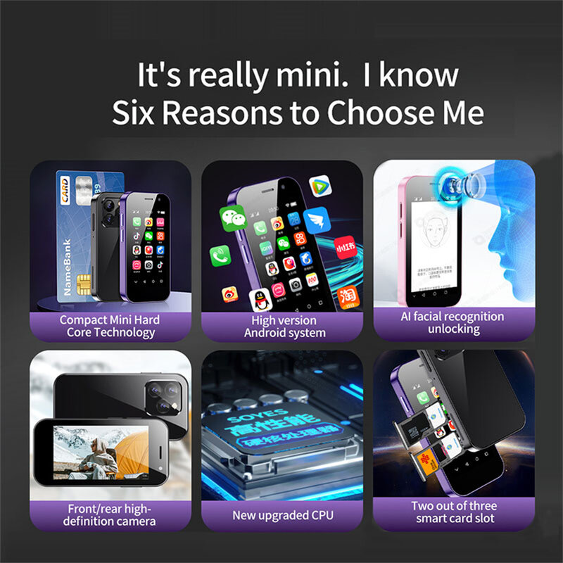 SOYES-XS14 Pro Mini Smartphone, 3.0 ", 4G, Façade de persévérance, Core 3 Go + 64 Go, Android 9.0, 2600mAh, Petit téléphone portable à reconnaissance qualifiée ale, WiFi, GPS