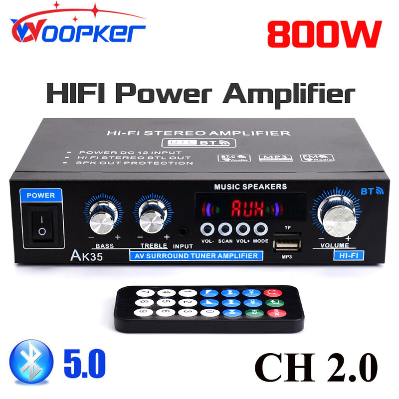Amplificadores Digitais Domésticos Woopker, AK35, 800W, 100-240V, Potência de Áudio de Baixo 12V, Bluetooth AMP, Alto-falantes Hifi FM Subwoofer