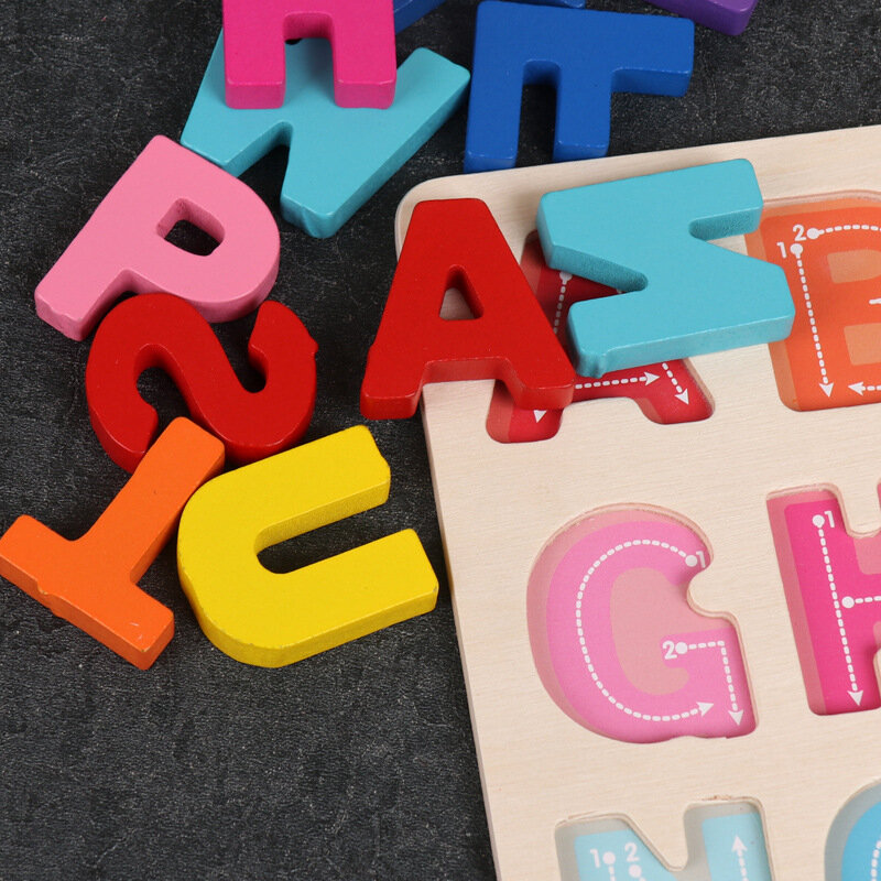 Montessori Wooden Puzzle 3D Alfabeto Letters Number Matching Game Baby Kids Brinquedos Educação Aprendizagem Toy Crianças 2 a 4 Year