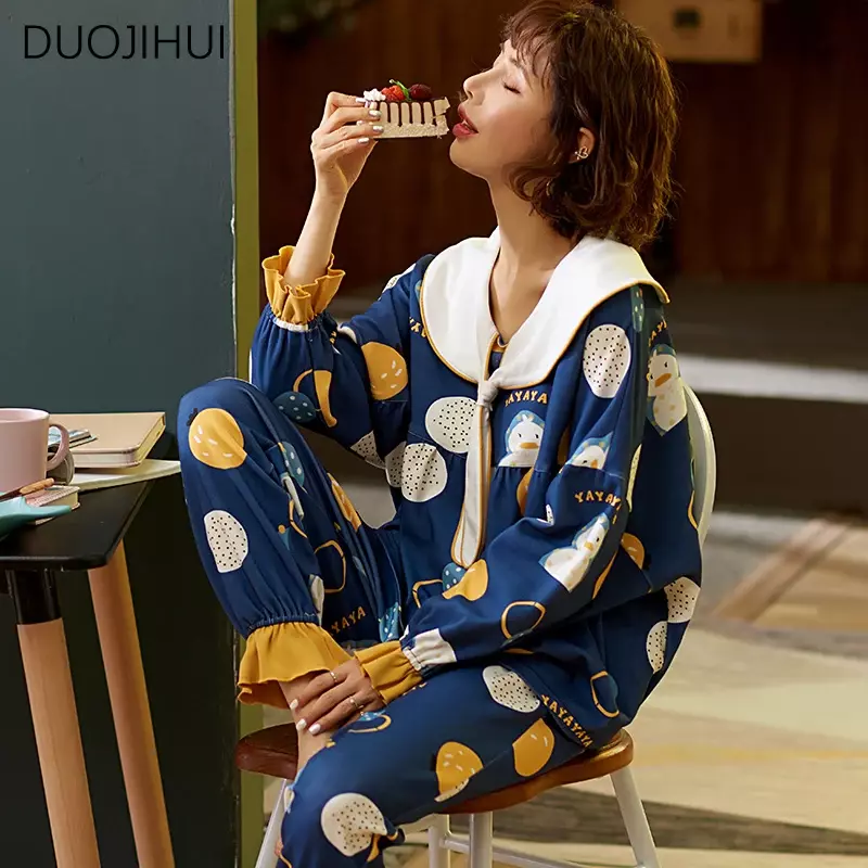 DUOJIHUI Sweet Print Two Piece Simple Female Sleepwear Autumn Chic Long Sleeve Pullover Loose Pant Casual Home Pajamas for Women