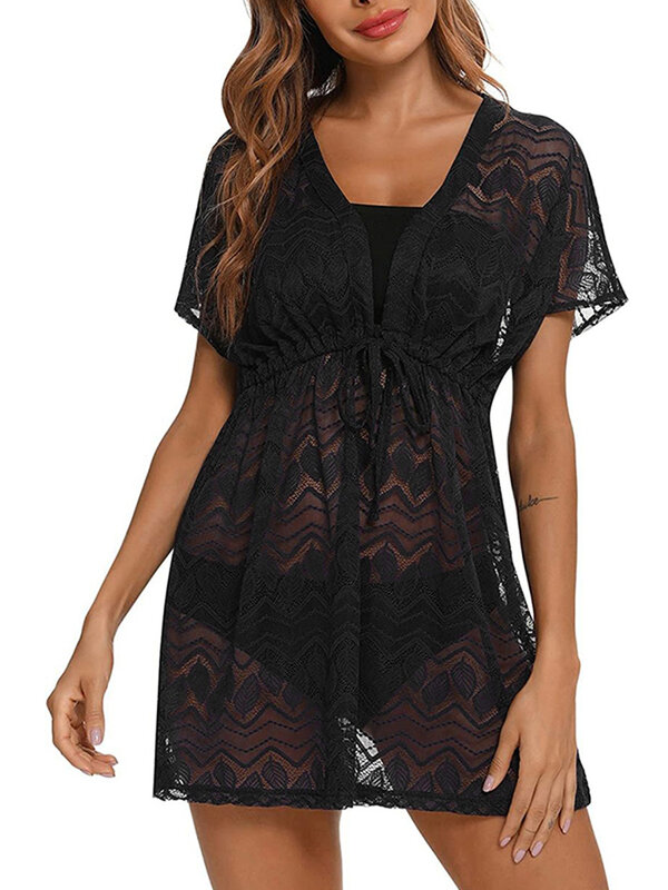 Women Cover-up Dress Short Sleeve V Neck See-through Lacing Loose Summer Fashion Beach Dress
