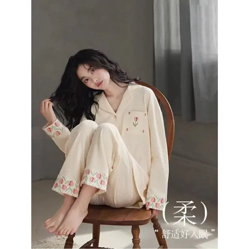 Pijama de manga comprida de algodão coreano feminino, terno de calça comprida estampa tulipa, roupa de dormir elegante casual, roupa caseira, primavera e outono, novo