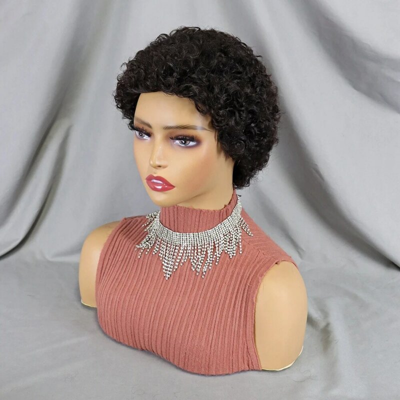 Peruca curta de corte Bob Pixie para mulheres, cabelo humano, perucas afro-kinky encaracoladas, cabelo virgem brasileiro, máquina completa, perucas baratas