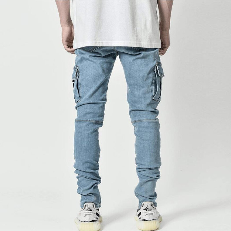 Jeans Mannen Broek Wassen Effen Kleur Multi Pockets Denim Mid Taille Cargo Jeans Plus Size Fahsion Casual Broek Mannelijke Dagelijkse dragen