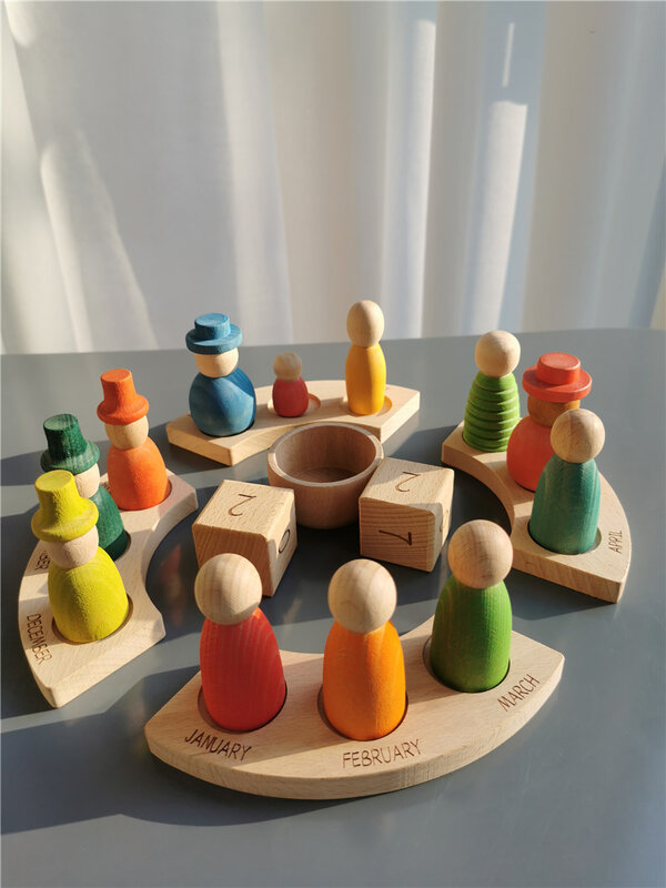 Brinquedos de madeira para crianças, Beech Rainbow, Calendário, Peg Dolls, Figurinhas do Assistente Juntos, Blocos de Empilhamento, Novo