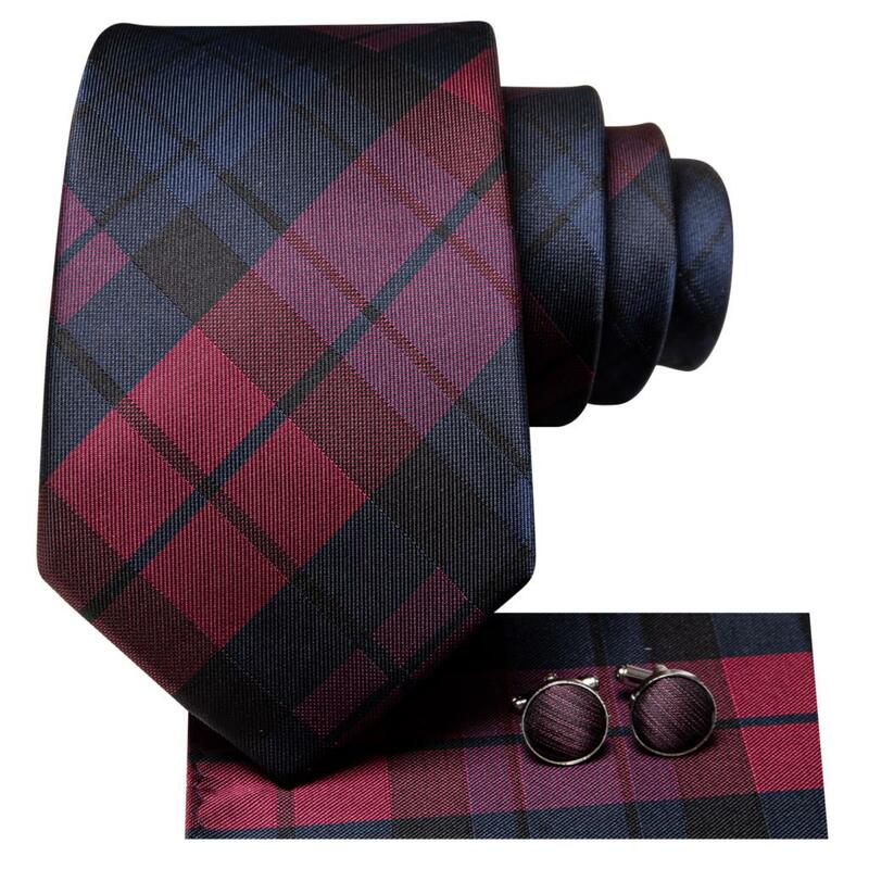 Hi-Tie – cravate de mariage en soie pour hommes, boutons de manchette, à carreaux, bleu, rouge, à la mode, pour fête d'affaires, cadeau, livraison directe