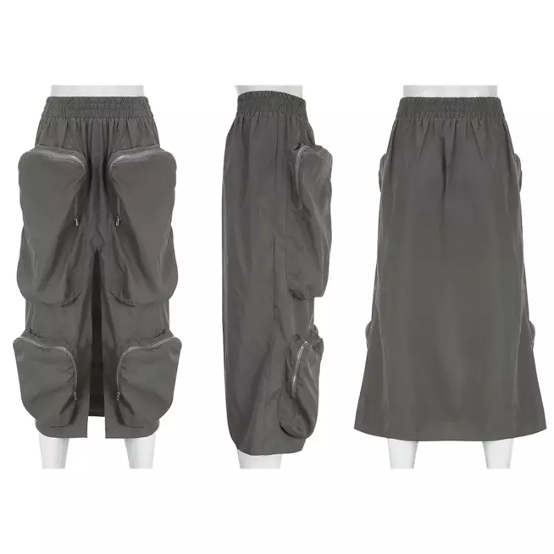 Saias de carga com elástico de cintura alta para mulheres, bolsos 3D grandes, divisão alta, saia longa solta casual, fundo maxi sólido, streetwear feminino