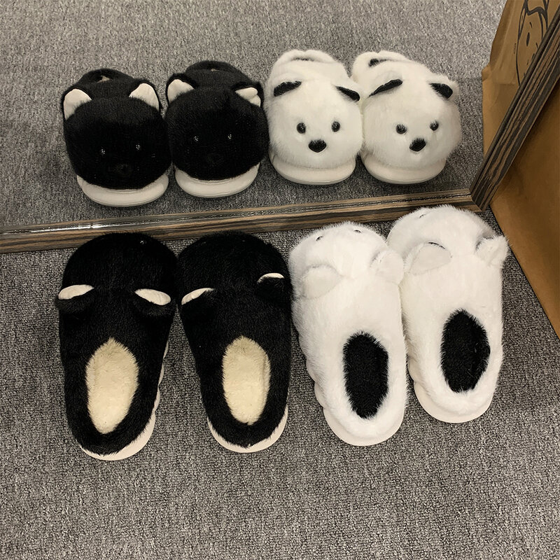 Thick soled plush half trailer women's 2024 spring, autumn, and winter new cute cotton slippers dog cotton slippers