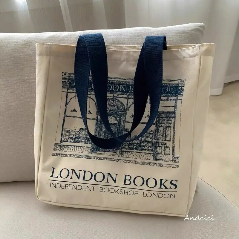 BBA170 damskie płócienna torba na ramię londyńskie książki z nadrukiem damskiej torebka na co dzień torby wielokrotnego użytku z bawełny o dużej pojemności