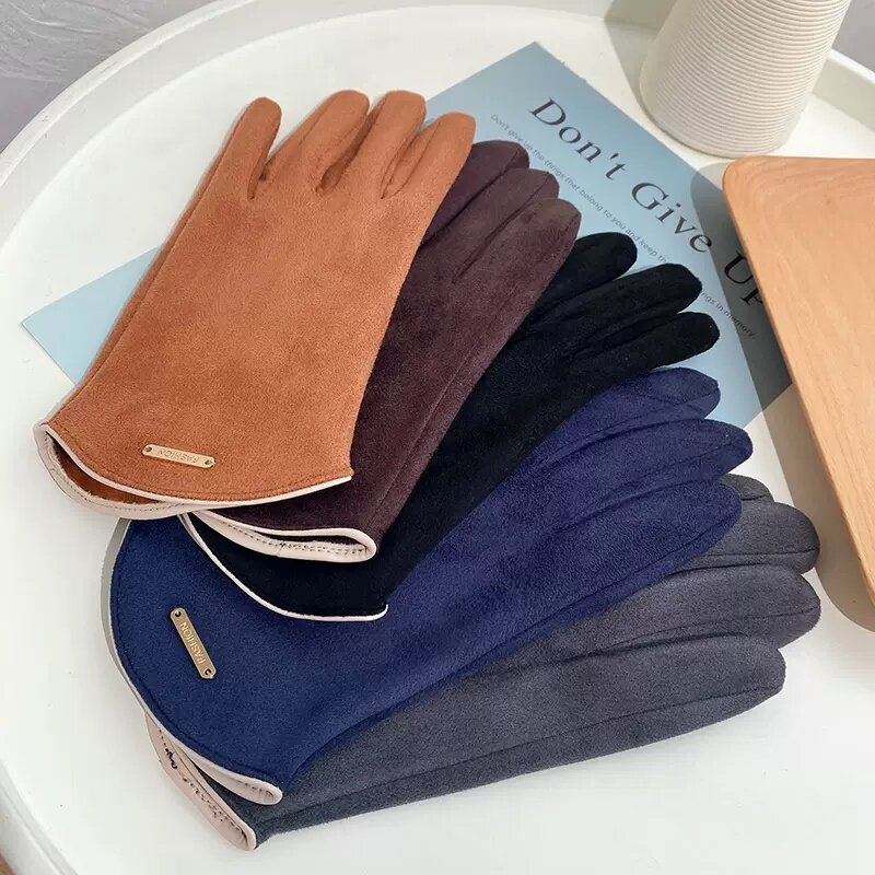 Guantes de gamuza con dedos divididos para hombre, cómodos guantes de conducción de moda, Color sólido, guantes de invierno para exteriores