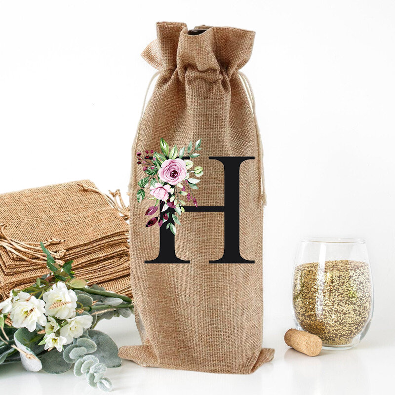 Initial Flower Printed Wine Bottle Holder Bags Drawstring Bag Burlap Bags Housewarming Gifts for Hostess Birthday Thank Present