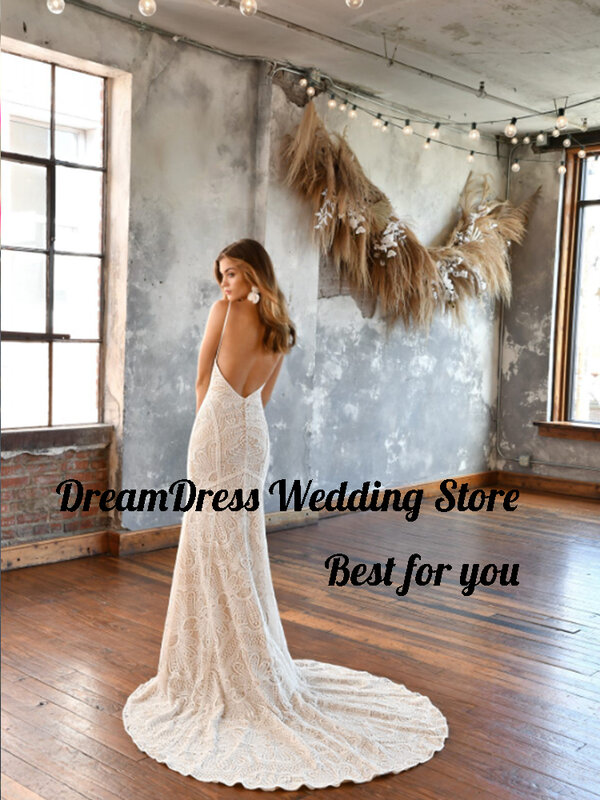 DREAM Boho Lace Mermaid Wedding Dress Women Sexy Spaghetti Straps V-Neck Bridal Gowns Sweep Train свадебное платье Customed