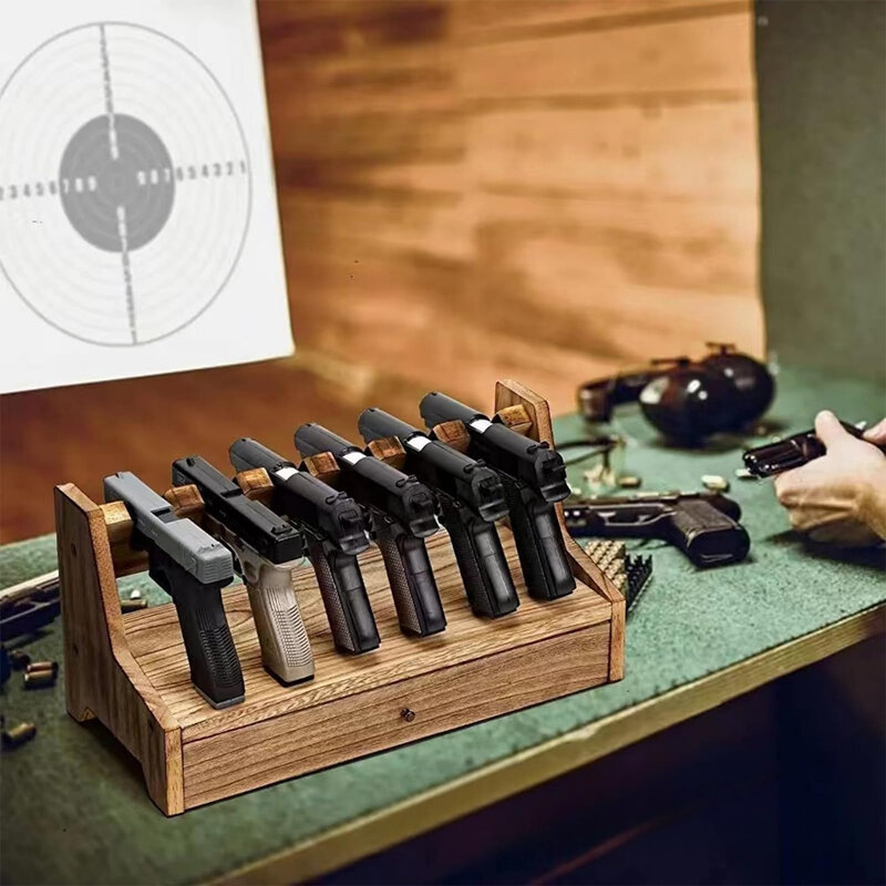Cremalheira de pistola de madeira para revólver, exposição de armas, cofre com gaveta