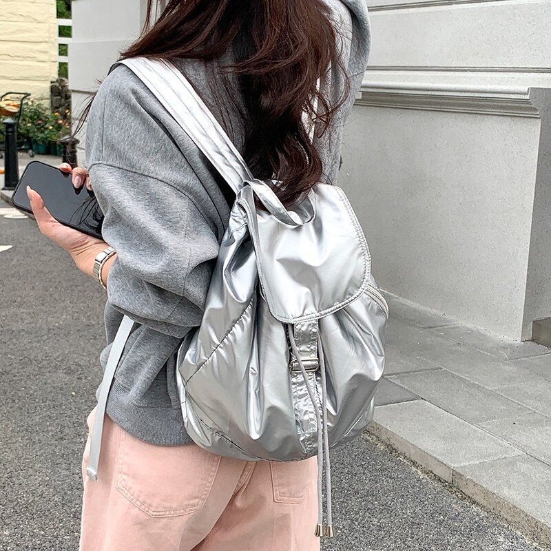 Retro Style Pu Leather Women Backpack Casual Women Travel Backpack Harajuku School Students Drawstring Flap Nylon Backpack