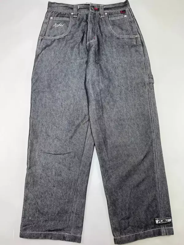 Harajuku Hip Hop Streetwear FUBU Jeans uomo Y2K lettera ricamo blu Vintage Jeans larghi nuovi pantaloni larghi gotici a vita alta