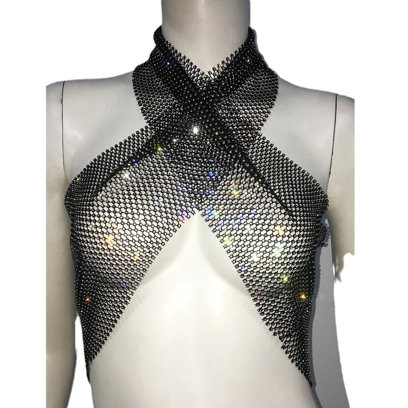 Sexy Women's Clothing Rhinestones And Personalized Straps, Cross Wrapped Chest Top, Nightclub Spicy Girl With Diamond