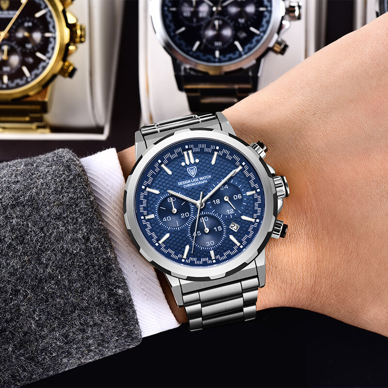 LIGE 남성용 쿼츠 손목시계, 방수 풀 스틸 쿼츠 시계, 스포츠 남성 시계, 최고 브랜드 럭셔리, 인기 판매