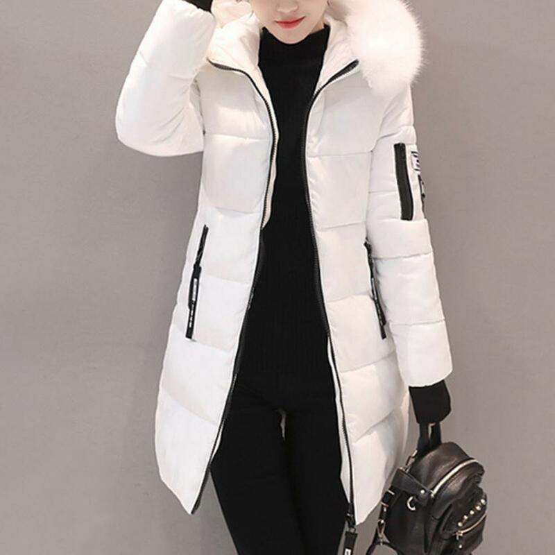Casaco de algodão longo à prova de vento feminino, casaco de inverno com capuz, bolsos com zíper, espessado, quente, comprimento médio, baixo, fino