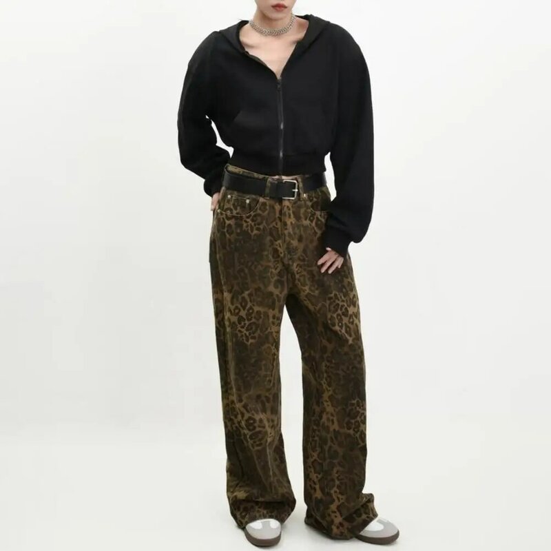 Unisex Leopard Print Hop Jeans com perna larga, estilo Streetwear para jovens adultos, calças soltas, perna larga na moda, unisex