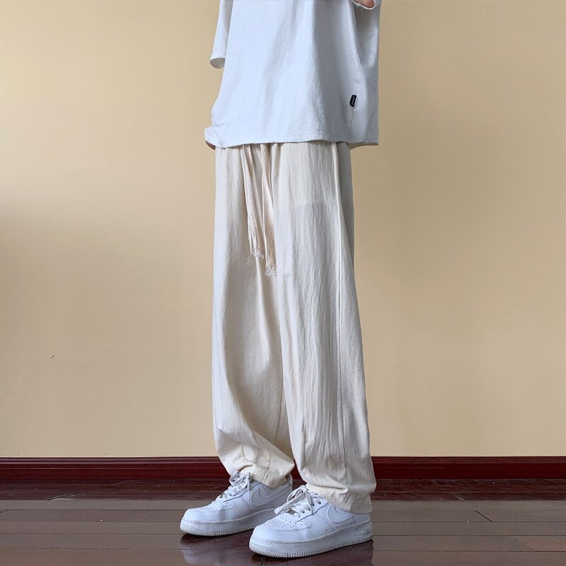 Cotton and Linen Casual Baggy Pants Men Summer Thin Large Size Loose Wide Leg Pants American High Street Sports Straight Pants