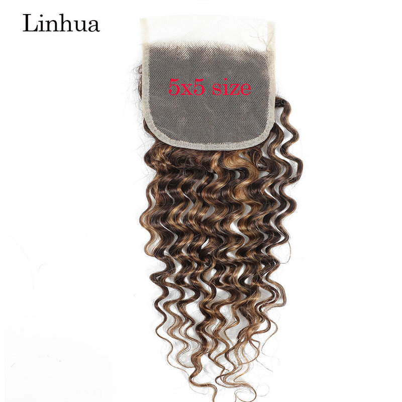 Llinhua-Cabello Humano de onda profunda, accesorio con cierre de encaje Frontal transparente, resaltado, P4/27, Marrón degradado, rubio miel, 4x4, 5x5, 13x4