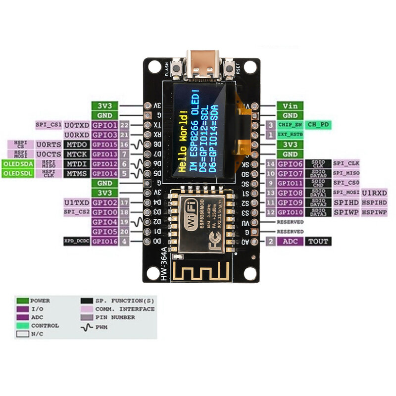 NodeMCU Placa de desarrollo ESP8266 con pantalla OLED de 0,96 pulgadas, módulo de controlador CH340 para programación Arduino IDE/Micropython