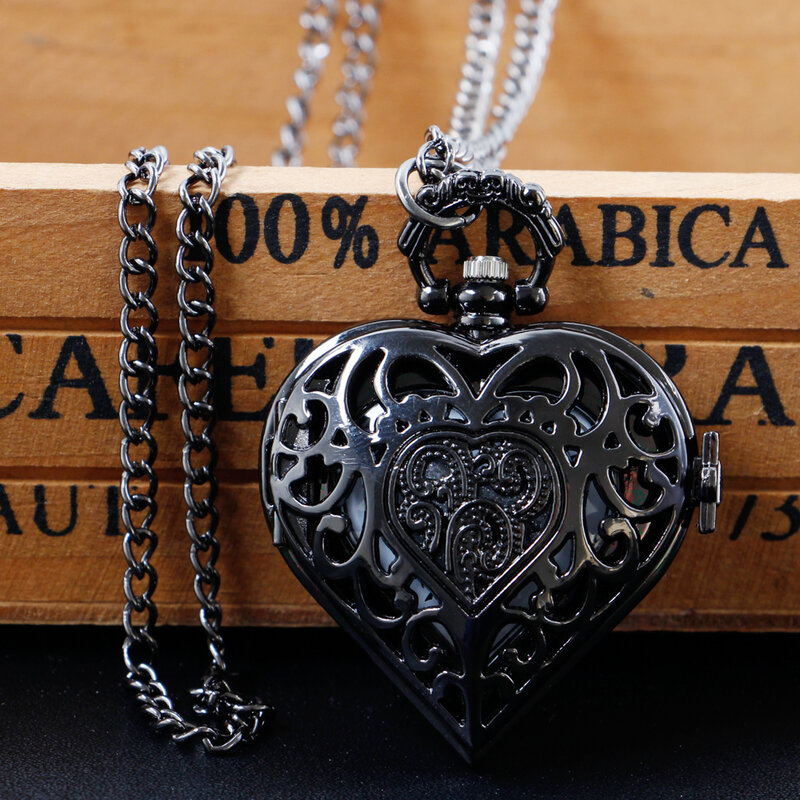 Collar de cuarzo con forma de corazón para hombre y mujer, colgante de reloj de bolsillo con cadena de 80cm, color negro, Vintage