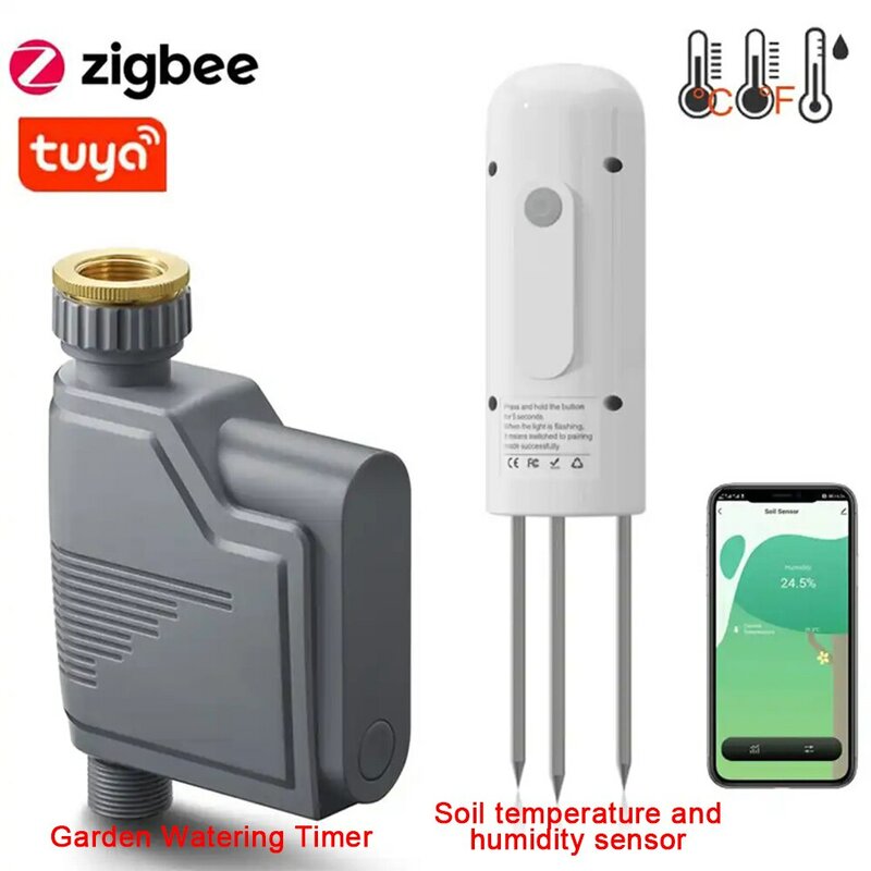 Controlador de válvula de agua inteligente Tuya Zigbee, sistema de riego por goteo, Sensor de humedad y temperatura del suelo