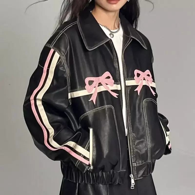 Jaqueta de couro feminina, roupa de locomotiva, Street Wear, versão coreana, elegante, casual, doce, legal, retrô, Harajuku