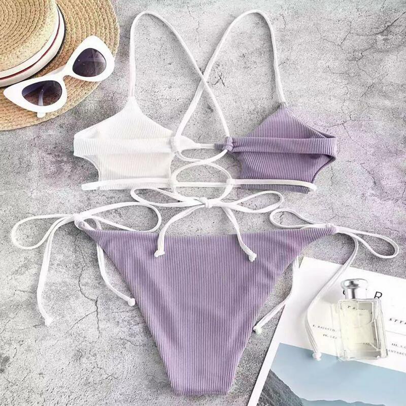 Kontrast farbe Bade bekleidung sexy Schnür-Bikini-Set für Frauen Push-up-Bade bekleidung Sommer Beach wear Kontrast farbe Sling BH schnell