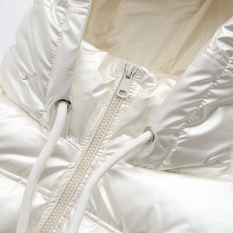 Mantel bertudung untuk wanita, mantel musim dingin hangat motif Anorak, jaket katun parka bertudung elegan warna hitam putih