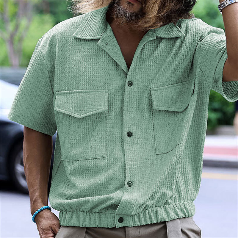 เสื้อคาร์ดิแกนลำลองสำหรับผู้ชายเสื้อผ้าแนวสตรีทแวร์เสื้อเสื้อเชิ้ตชายหาดลำลองมีปกและดีไซน์ kemeja lengan pendek กระเป๋า