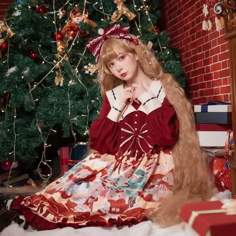 Vestido de estilo Lolita con patrón de oso de Navidad para mujer, bonito vestido de princesa para fiesta, escenario, actuación, fotografía, exquisito