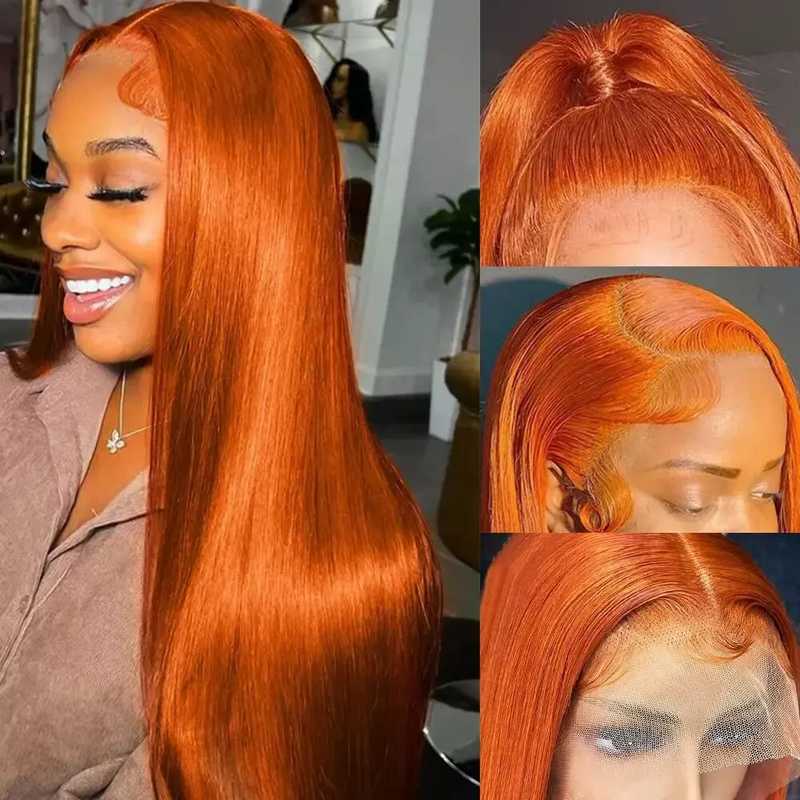 Lumiere Wig jahe oranye 13x4 Brazilan rambut manusia Frontal lurus renda HD Wig transparan rambut renda Remy alami