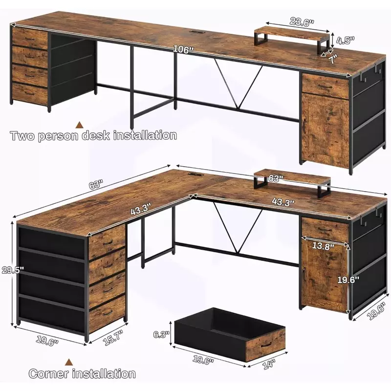 L자형 책상, 서랍 및 전원 콘센트 5 개, 63 인치 컴퓨터 책상, 긴 홈 오피스 책상 또는 코너 책상, L자형 코너 책상